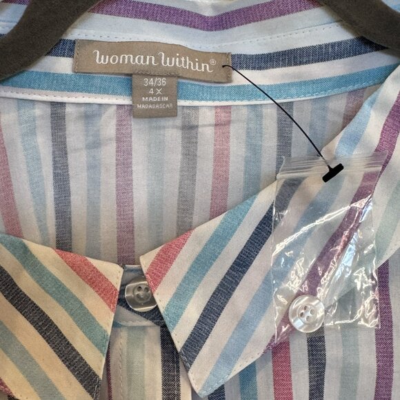 NWOT Woman Within 4xl Button Down Blouse White w/ Multi-Color Stripes Workwear - Picture 3 of 7